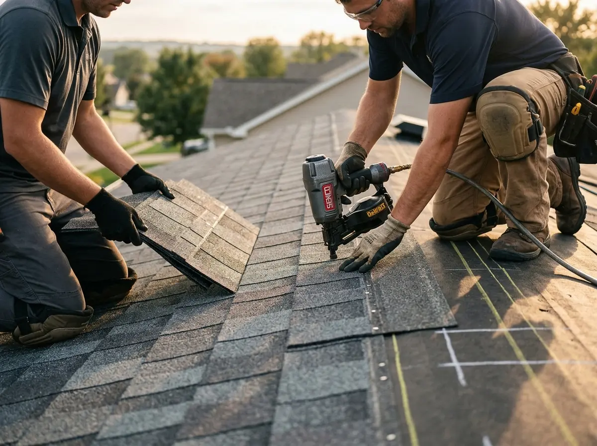 Professional roofer working on a residential roof in Brewster